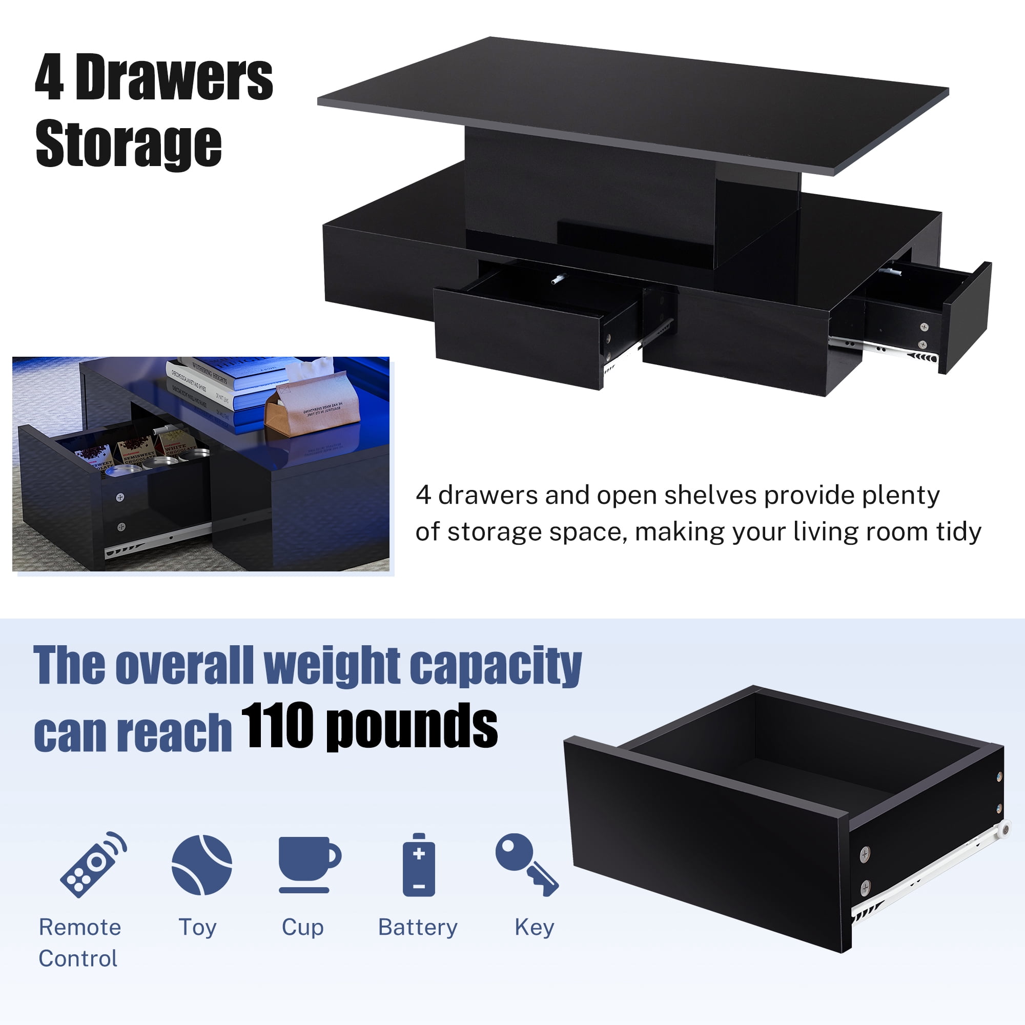Black LED Coffee Table for Living Room, PAPROOS Modern High Glossy Center Table with 4 Drawers, Smart Cocktail Table Rectangle, Sofa Side Tea Tables with LED Lights, 41"L×25"W×16"H