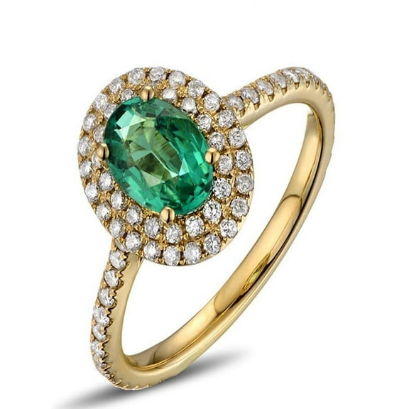Vintage 2 Carat Emerald and Diamond Double Halo Engagement Ring in Yellow Gold