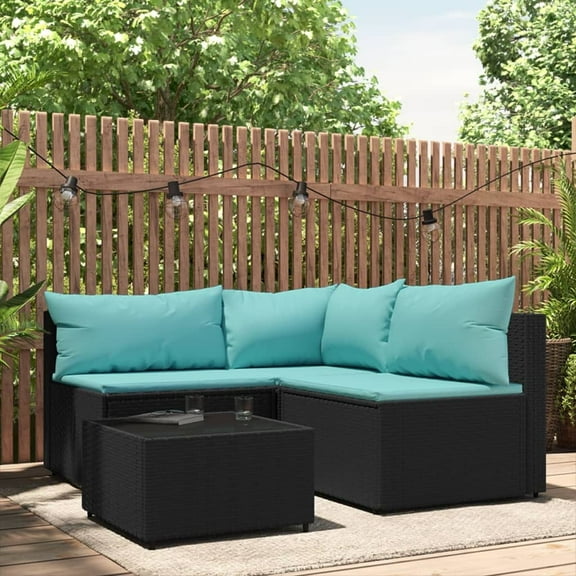vidaXL 4 Piece Patio Lounge Set with Cushions Black Poly Rattan