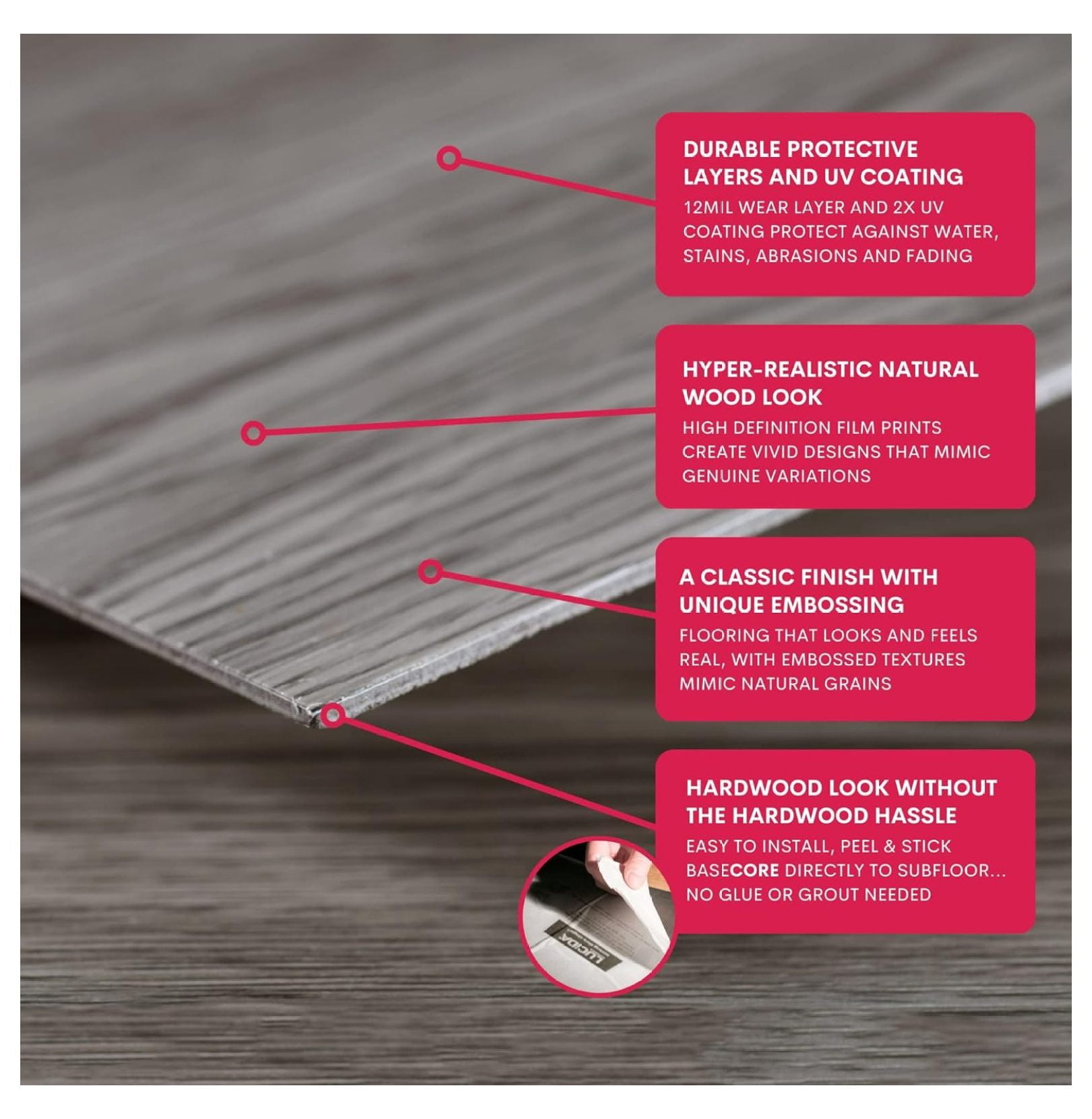 Luxury Vinyl Flooring Tiles-Peel and Stick Floor Tile for DIY Installation-36 Wood-Look Planks-Greyscale-BaseCore-54 Sq. Feet