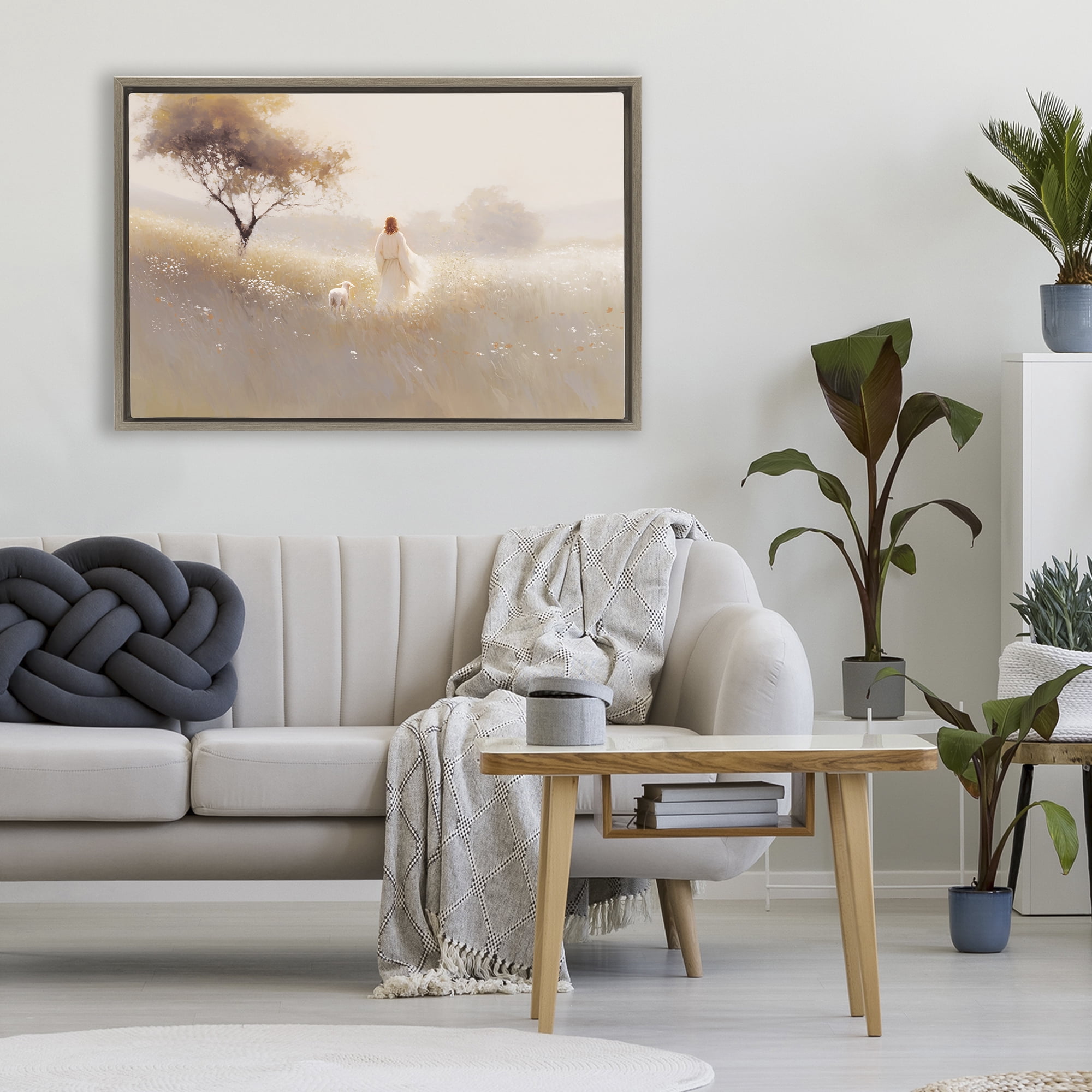 Stupell Industries Spiritual Shepherd & Lamb Brown Framed Floater Canvas Wall Art, design by Jacky Ngan