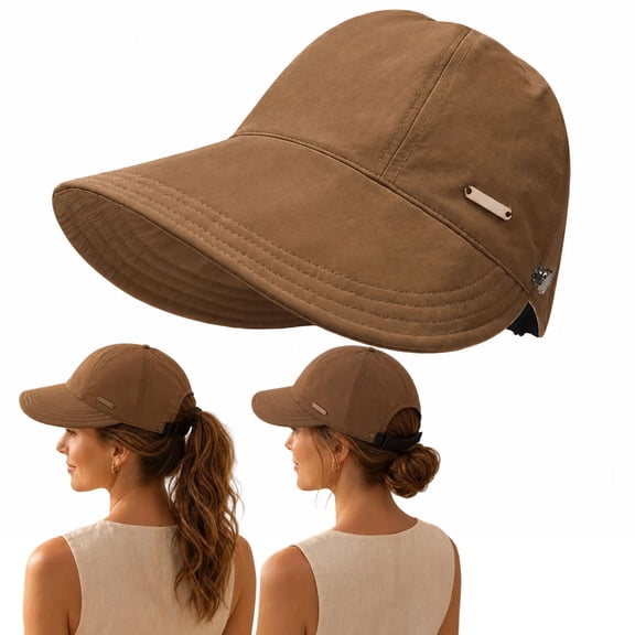 Women's Wide Brim Sun Visor Hat, UPF 50 Quick-Dry Foldable Ponytail Visor with Adjustable Fit for Travel