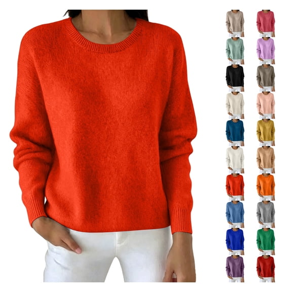 Women Crew Neck Soft Knit Sweater Loose Long Sleeve Rib Cuff Solid Color Basic Pullover Top Casual Fall Layering Blouse