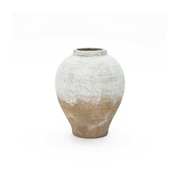 LuxenHome 11" Rustic White & Brown Terracotta Vase, Vintage Wide-Body, Narrow-Mouth Ceramic Accent for Farmhouse Decor