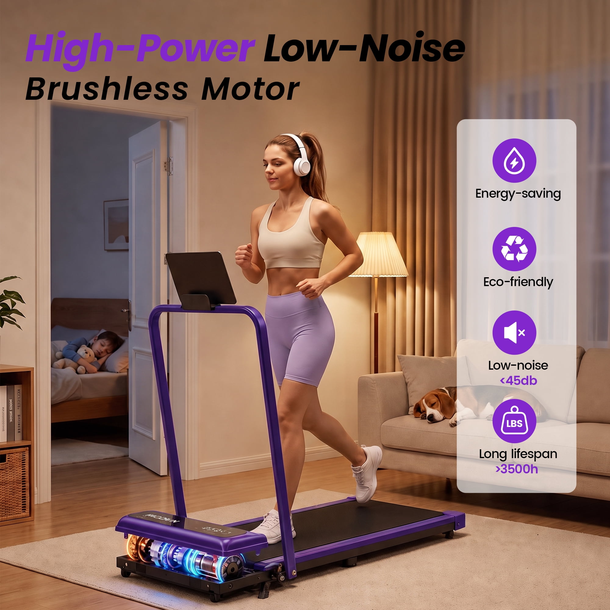 Walking Pad Treadmill with Handle Bar & 6% Adjustable Incline, Foldable Portable Treadmills for Home Office, Quiet Under Desk Treadmill, Purple