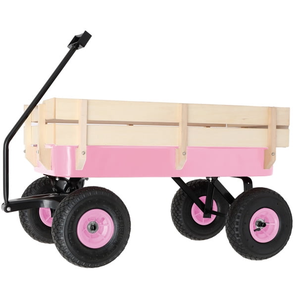 Heavy Duty Steel Wooden Side Support Cargo Wagon with 10" All-Terrain Air Tires, Up to 220lb Load Capacity, for Towing Kids Toys, Gardening Supplies, Pink