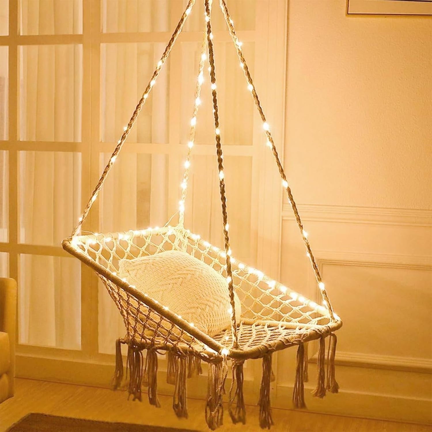 Hanging hammock chair with 39 ft long led lights discount