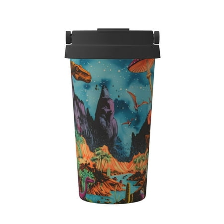

Uemuo Galactic Jungle Dinosaurs Print Carry Insulated Coffee Mug Travel Mug with Hidden Handle Insulated Coffee Flask Leak-proof Travel Mug Insulated Mug for Office