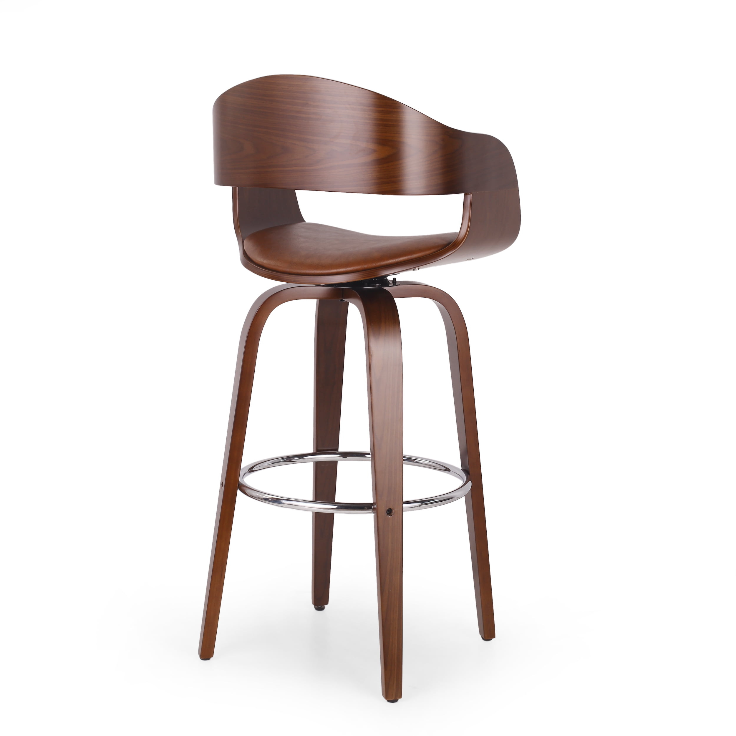 Noble House Lovejoy Upholstered Swivel Barstool, Cognac Brown and Walnut