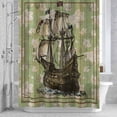 thumbnail image 3 of Sailboat Shower Curtain for Bathroom Decor, Vintage Boat Green Map Texture Brown Stripes Waterproof Fabric Shower Curtain, 60"x72" Set with 12 Hooks, 3 of 9