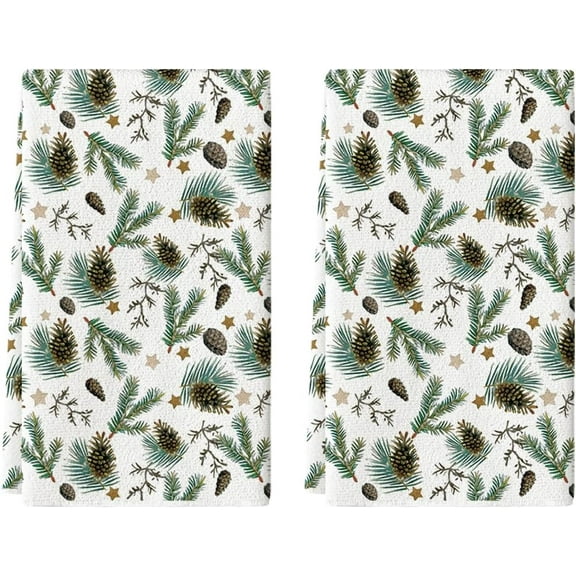 Star Branch Pinecone Christmas Kitchen Towels Dish Towels, 16x24 Inch Farmhouse Holiday Winter Decoration Cleaning Set of 2