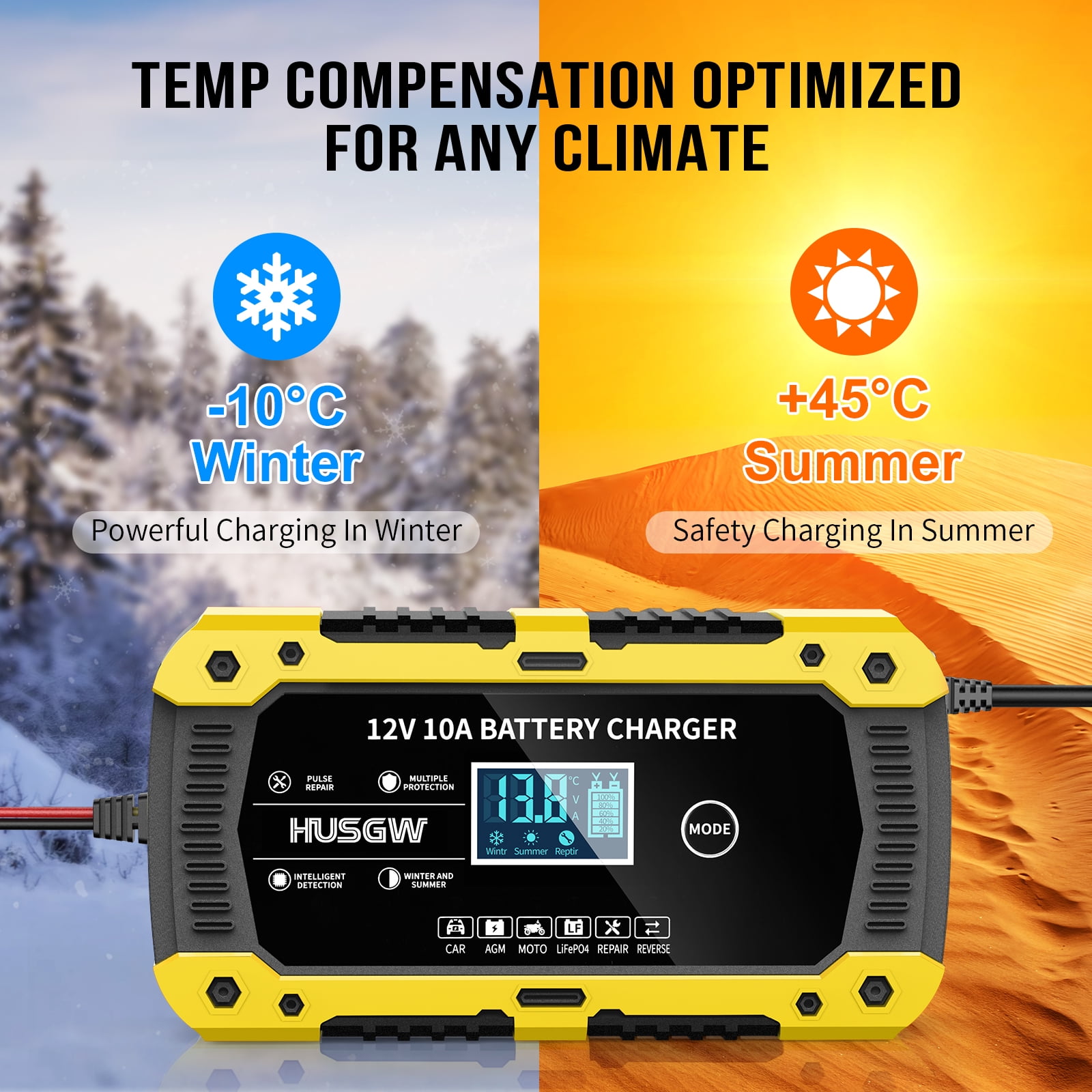 HUSGW Battery Charger 10-Amp 12V Fully-Automatic Smart Car Battery Charger, Battery Maintainer Trickle Charger, Compatible with Lead-Acid & LiFePO4  Iron Batteries，AGM, STD, Gel, Deep Cycle Batteries