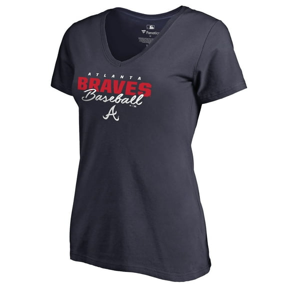 Women's Navy Atlanta Braves Script Assist V-Neck T-Shirt