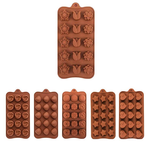 Moldes de silicona para chocolate (paquete de 6), corazones, estrellas, girasoles, diseño de concha, moldes de silicona para hornear pasteles, dulces duros y blandos, brillar Electrónica