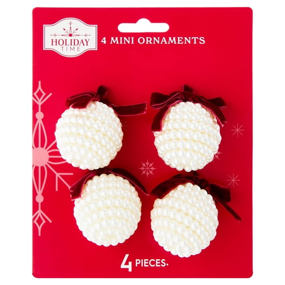 4-Count White Pearl with Bow Mini Christmas Ornaments, 2", by Holiday Time