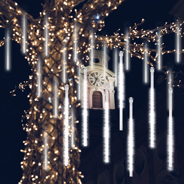 Guirnalda de luces de meteoritos de 30 cm, 10 luces transparentes impermeables, 288 LED, ideal para decorar árboles de Navidad en exteriores (blanco)