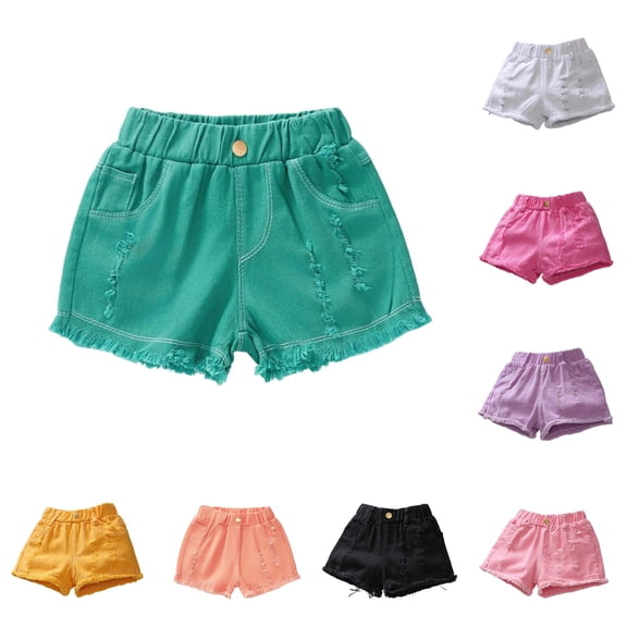 WAYUTE Girls Shorts Kids Distressed Denim Shorts Elastic Waist Hem Ripped Jean Shorts with Pockets for Summer Daily Wear Casual Outdoor,Green