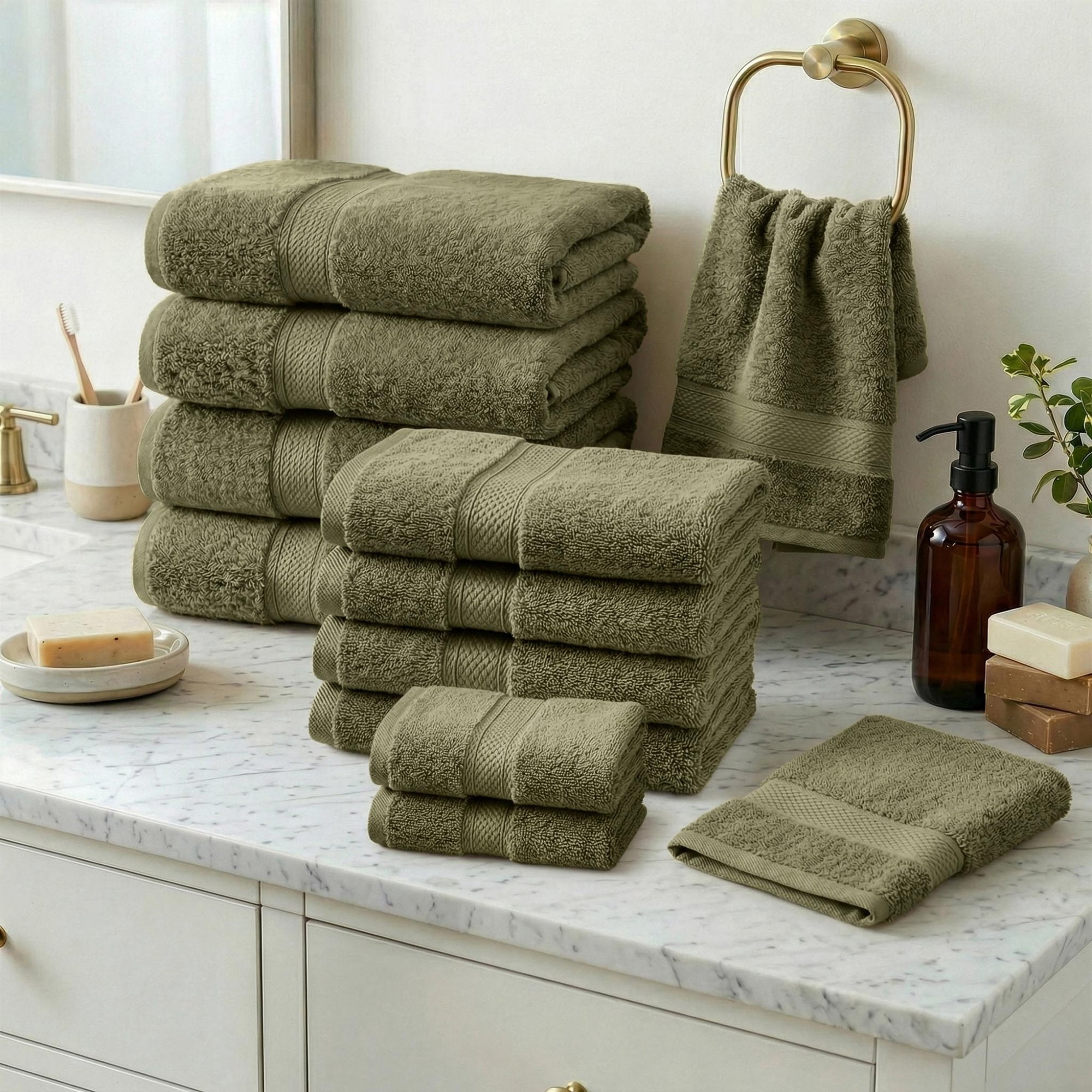 Superior Madeline Egyptian Cotton Ultra-Plush 12-Piece Towel Set, Forrest Green