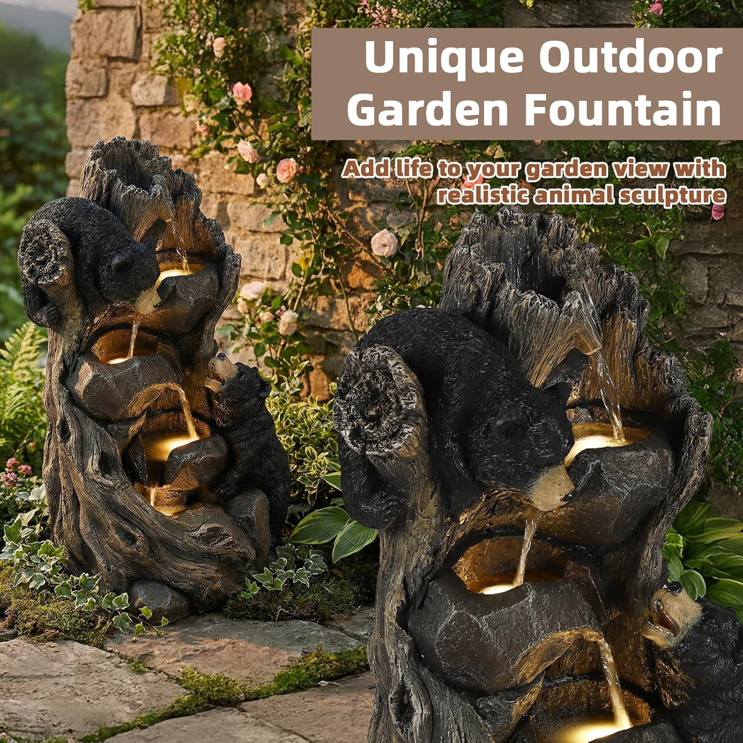 EPICOZY 23" H 5-Tier Outdoor Water Fountain, Realistic Black Bears Climbing Tree Waterfall Fountains with 4 LED Lights & Adjustable Flow, Resin Garden Water Feature for Farmhouse Patio Yard Deck