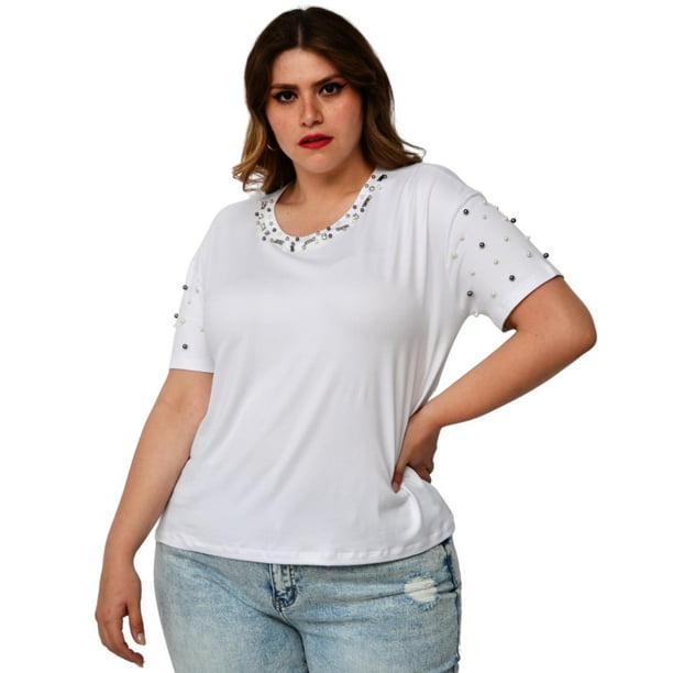 Blusa con pedrería, talla extra modelo 3022-L (blanco) blanco 42 Roman Fashion Blusa extra 3022-L