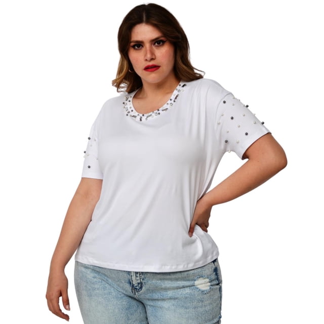 Blusa con pedrería, talla extra modelo 3022-L (blanco) blanco 36 Roman Fashion Blusa extra 3022-L
