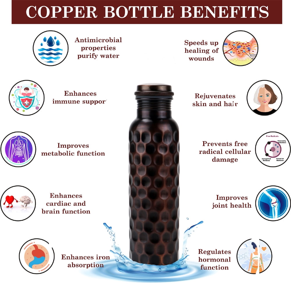 Perilla Home 100% Antique Diamond 1 Litre Pure Copper Bottle With Leak Proof Contains Ayurveda Health Benefits For Drinking Water For Men Women Gym Yoga Travelling Hiking Indoor | Outdoor | Office |