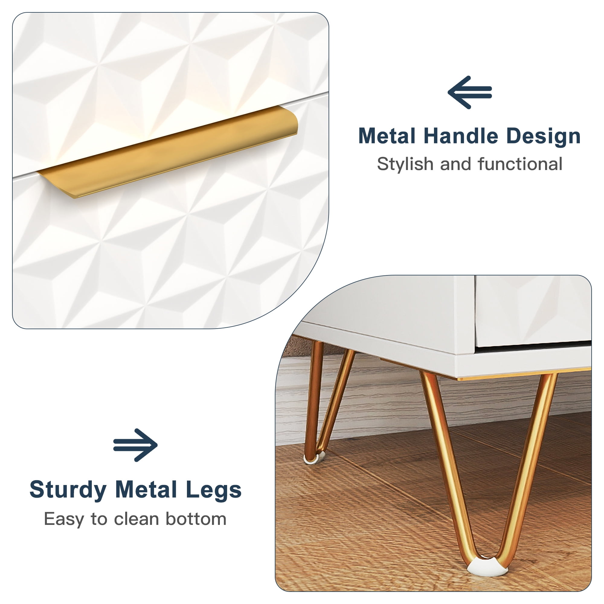 Resenkos 2-Piece Textured Diamond-Pattern Nightstands with Gold Handles & Hairpin Legs, Modern Bedroom Bedside Storage Cabinets, White