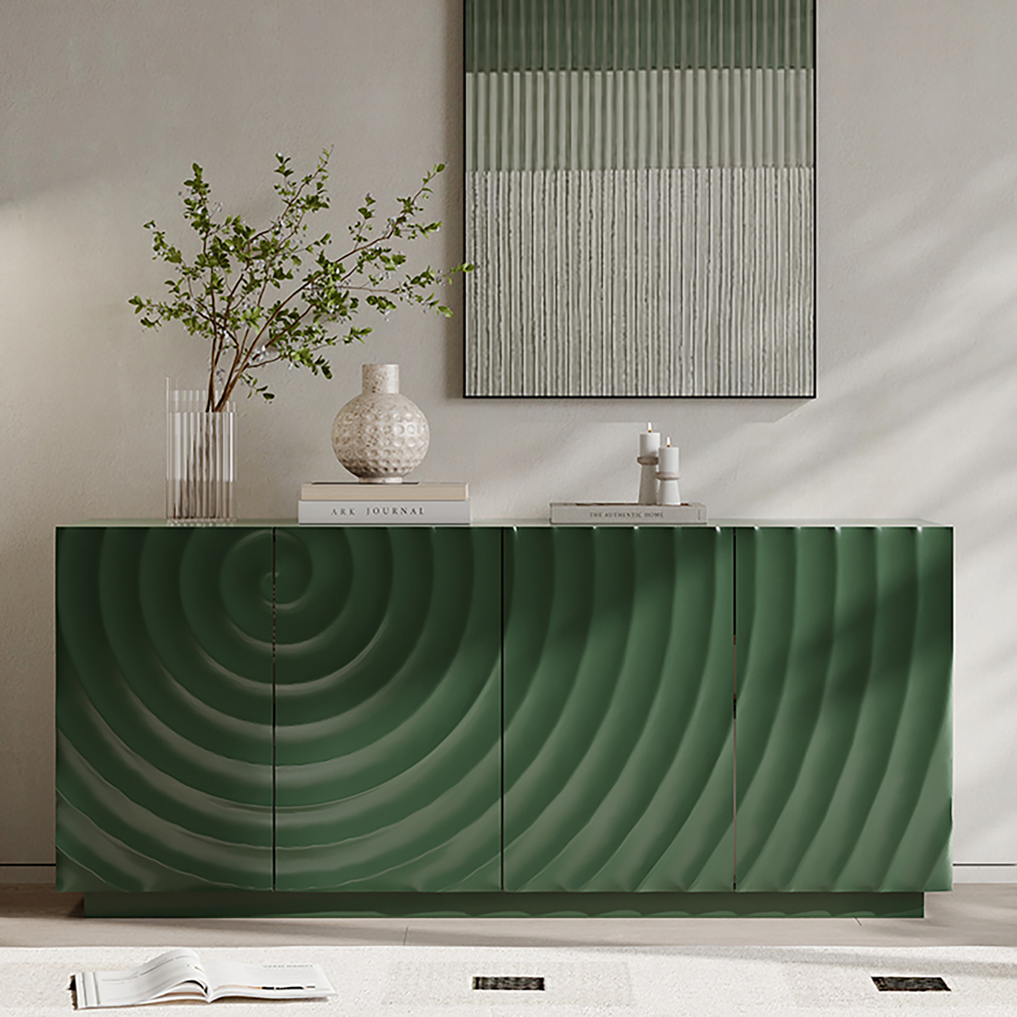 Leumius 59" Wide Modern Buffet Cabinet with 4 Storage Doors, Freestanding Luxury Sideboard Cabinet with Anti-Toppling Device, Accent Storage Buffet for Kitchen, Living Room Green