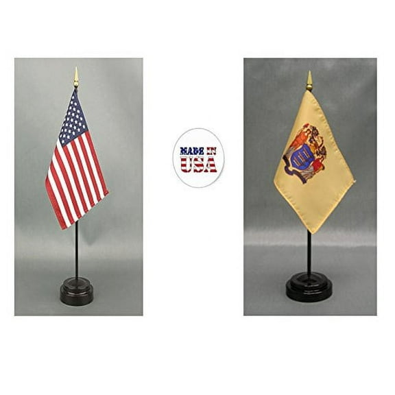 Made in The USA. 1 American and 1 New Jersey 4"x6" Miniature Desk & Table Flag, Includes 2 Flag Stands & 2 Small Mini Stick Flags