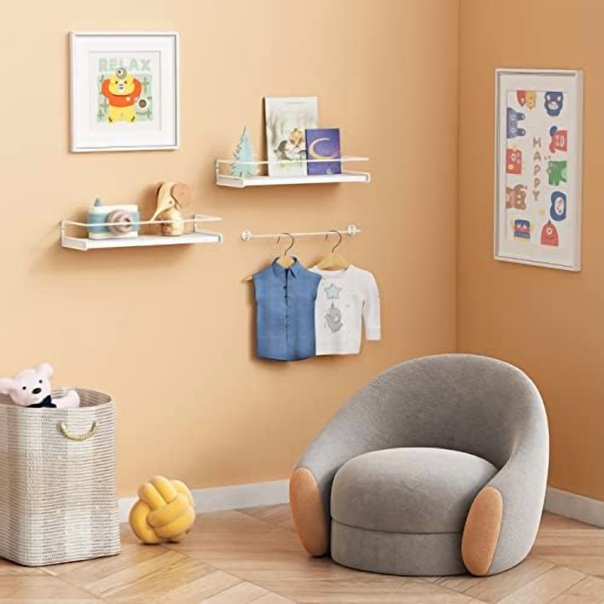 Bathroom Shelves for Wall Set of 2, White Nursery Floating Book Shelves for Kids Room, Small Wall Mount Bookshelf and Toy Storage Organizer for Baby Toddlers Teens Boys Girls Bedroom