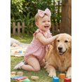 thumbnail image 4 of Aojekbee Baby Girls Rompers Solid Color Ruffles Sleeveless Crew Neck Bowknot Skirt Hem Infant Bodysuits Jumpsuits with Headband, 4 of 8