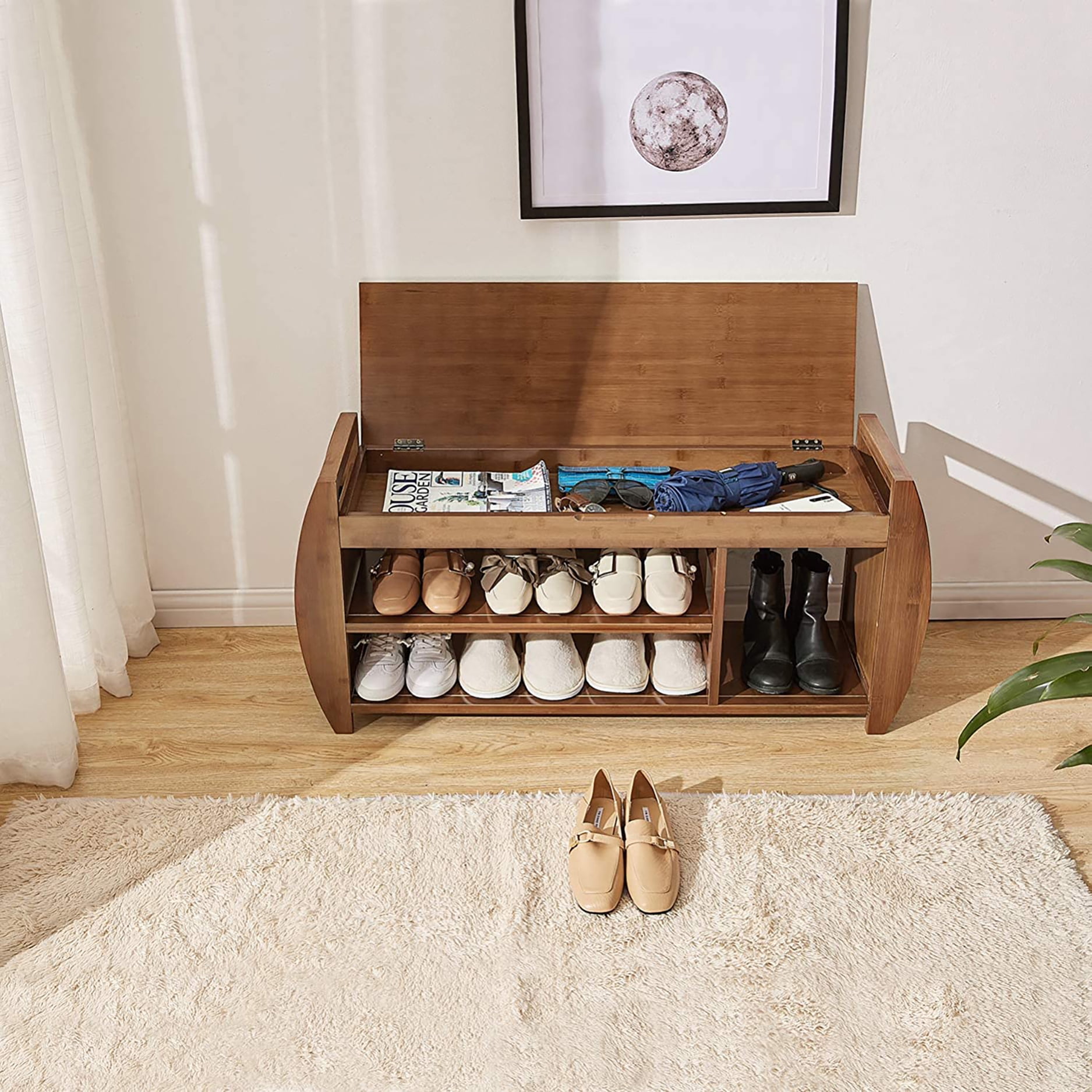 BALANBO Bamboo Shoe Rack & Shoe Bench, Entryway Storage Organizer, Multi Function for Hallway Bathroom Living Room Corridor and Garden, Detachable Cushion with Hidden Storage Compartment