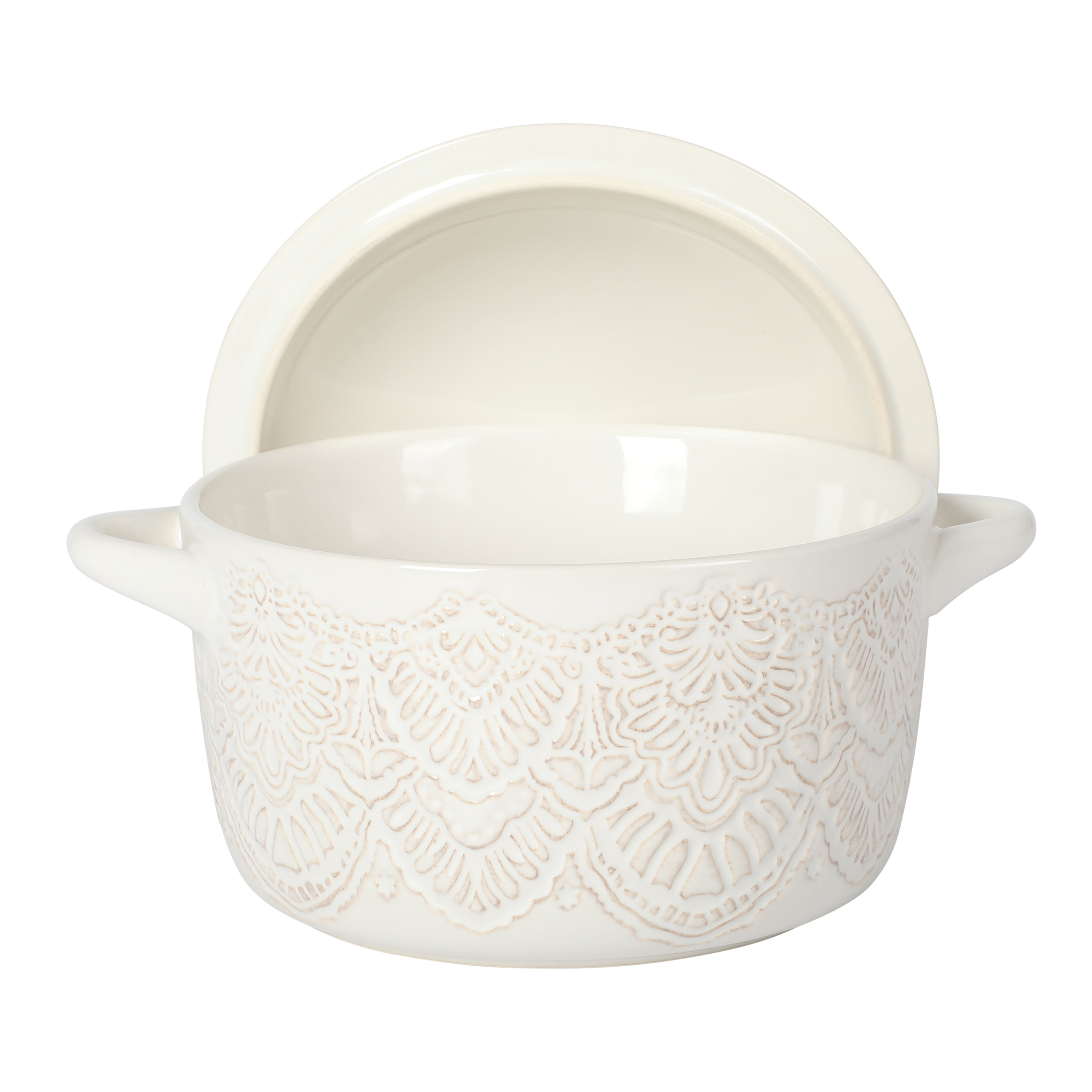 The Pioneer Woman Vintage Lace 7.25” 1 qt Ceramic Casserole Dish, Mini Cocotte Baking Dish with Lid, Linen