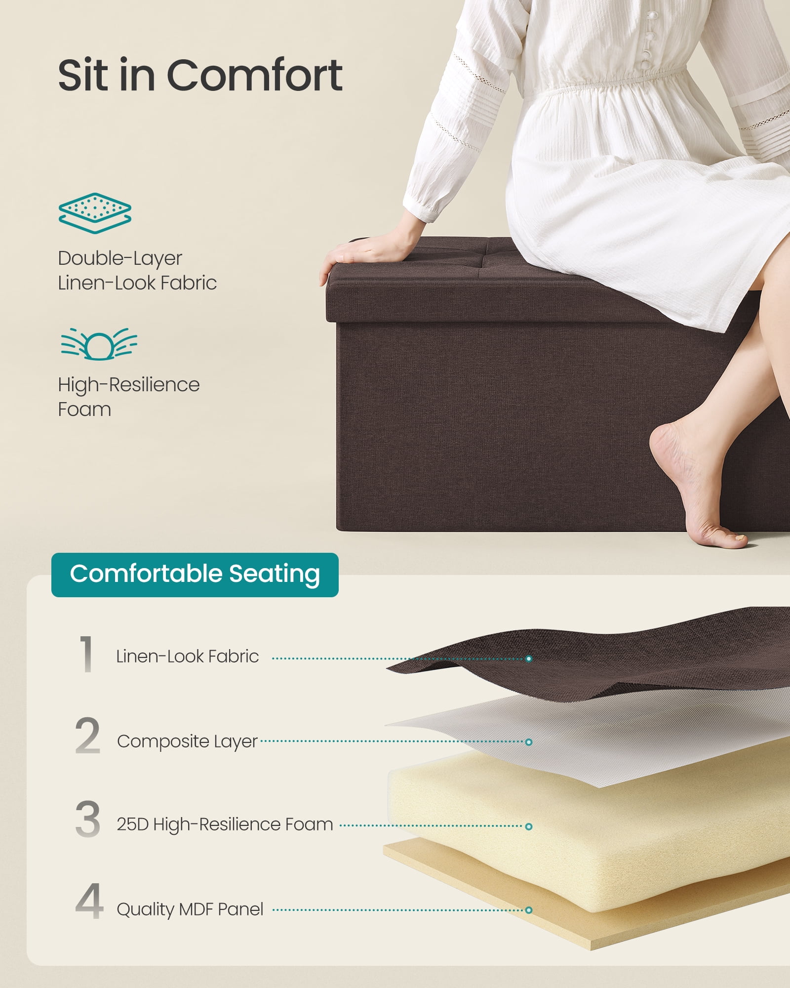 SONGMICS Storage Ottoman Bench, 15 x 43 x 15 Inches, Ottoman with Storage, End of Bed Bench, for Living Room, Bedroom, Chestnut Brown