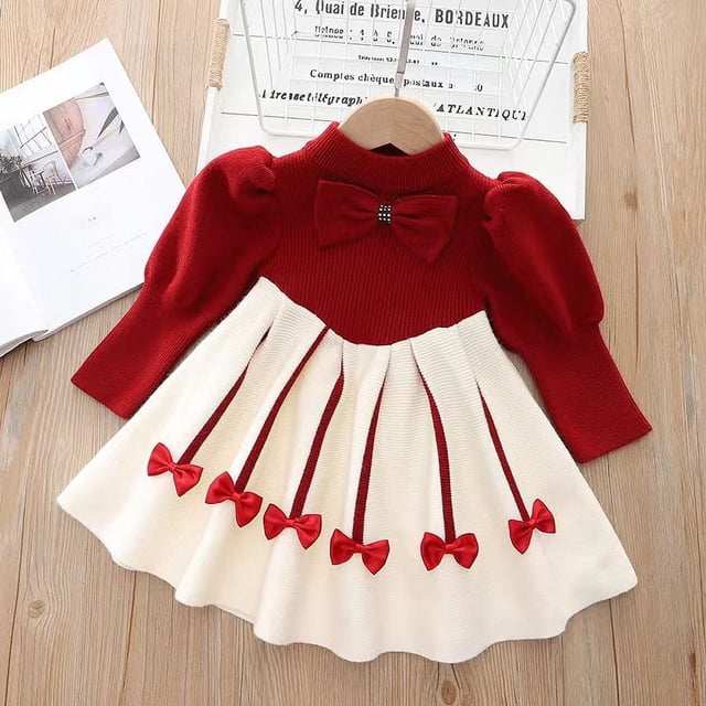 Vestido de princesa de lana con mangas abullonadas para mujer, otoño e invierno, vestido de cuello redondo de punto para niña pequeña