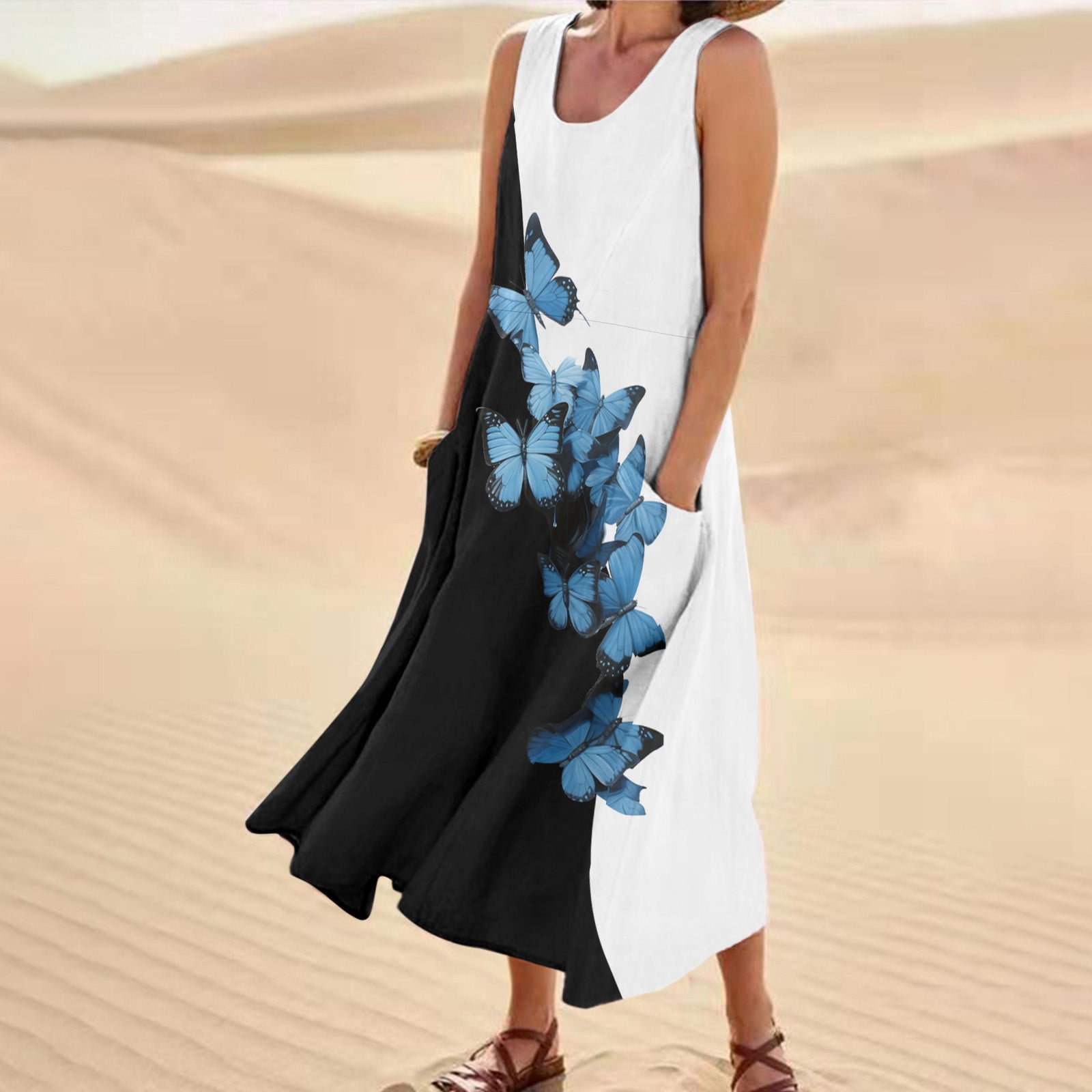 WILLBEST Women Clothes Women Summer Sleeveless Casual Dress Colorful  Printed Pocket Beach Dress