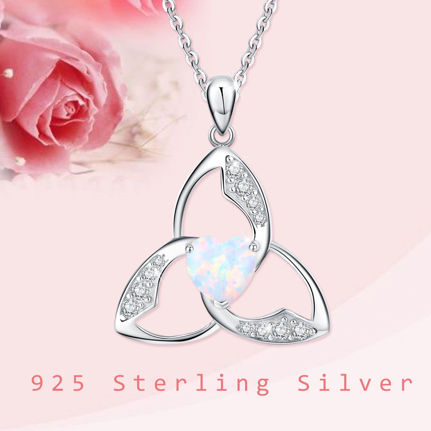 Coachuhhar Celtic Trinity Knot Necklace 925 Sterling Silver Heart Opal Irish Necklace Good Luck Triangle Pendant Necklace Opal Jewelry Gifts for Women