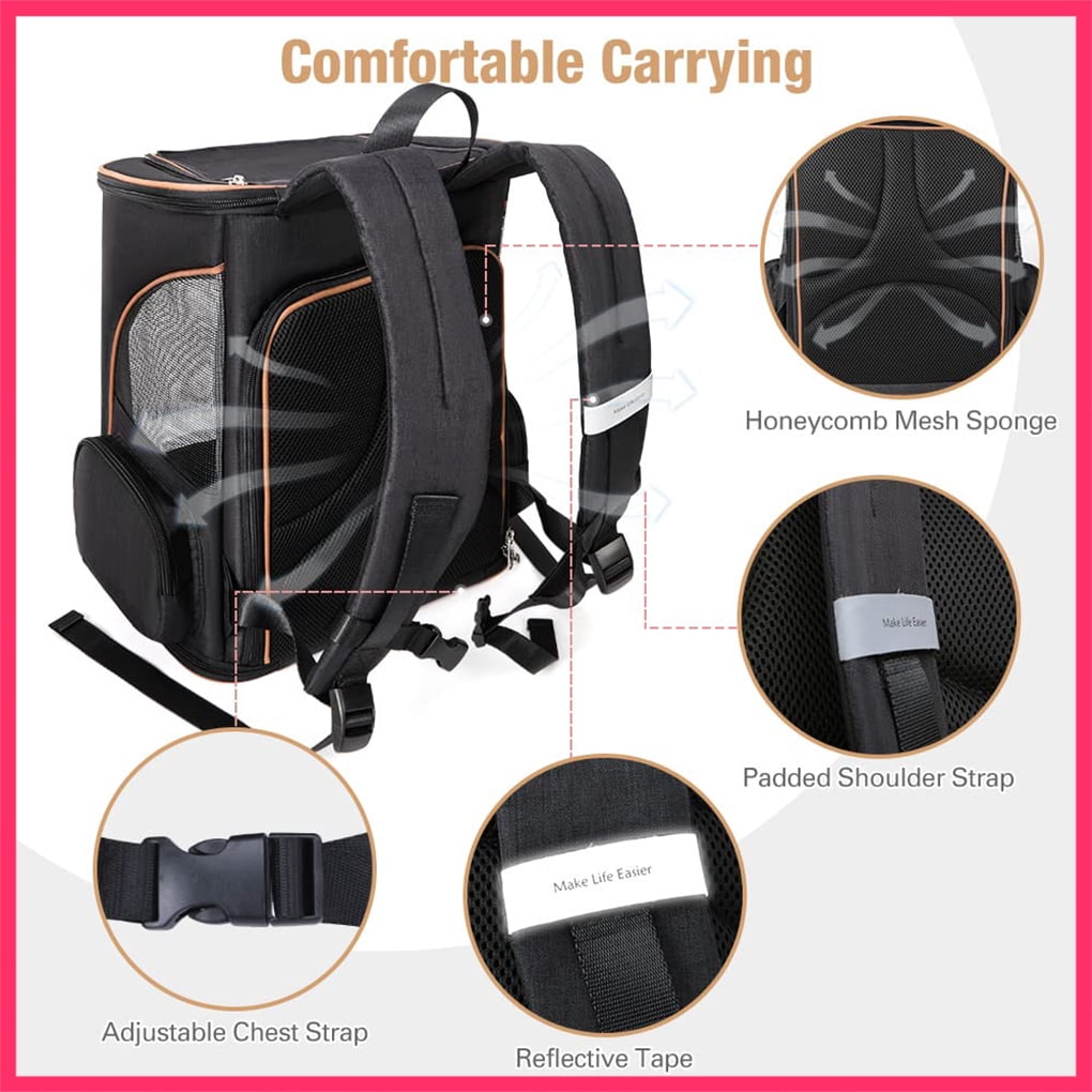 Lekesky - Large Cat & Dog Backpack Carrier (Up to 25Lbs) - Expandable, Airline Approved, Safety Leash, 3 Sizes | Black