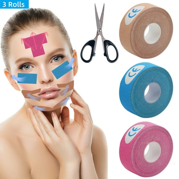 SPOKKI 3 Rolls of Face Tape for Wrinkles with Scissors, Anti-Wrinkle Lifting Tape, 3 Colors, 16.4FT