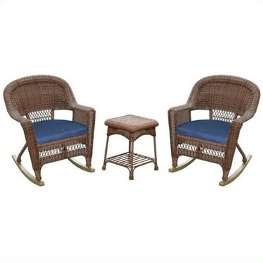 Jeco 3pc Wicker Rocker Chair Set in Honey with Blue Cushion