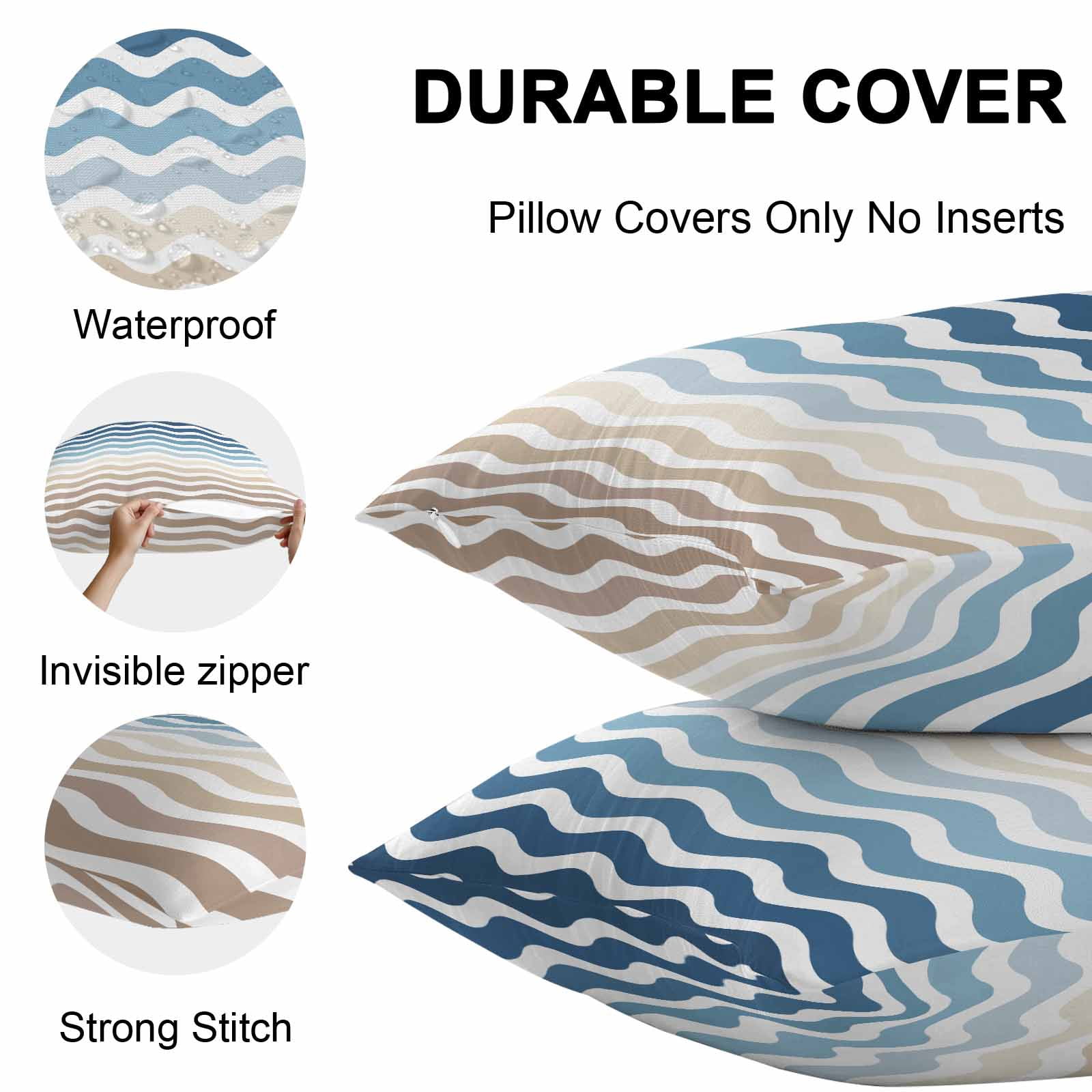Blue Brown Gradient Outdoor Pillow Covers Set of 2 Water Ripple Waterproof Throw Pillow Case Decorative Square Cushion Cover for Patio Couch Garden Balcony, 18"x18"