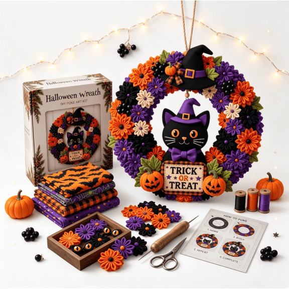 3D Fabric Poke Art Wreath DIY Kit, Holiday Fabric Craft Wreath Making Set (Black Cat)