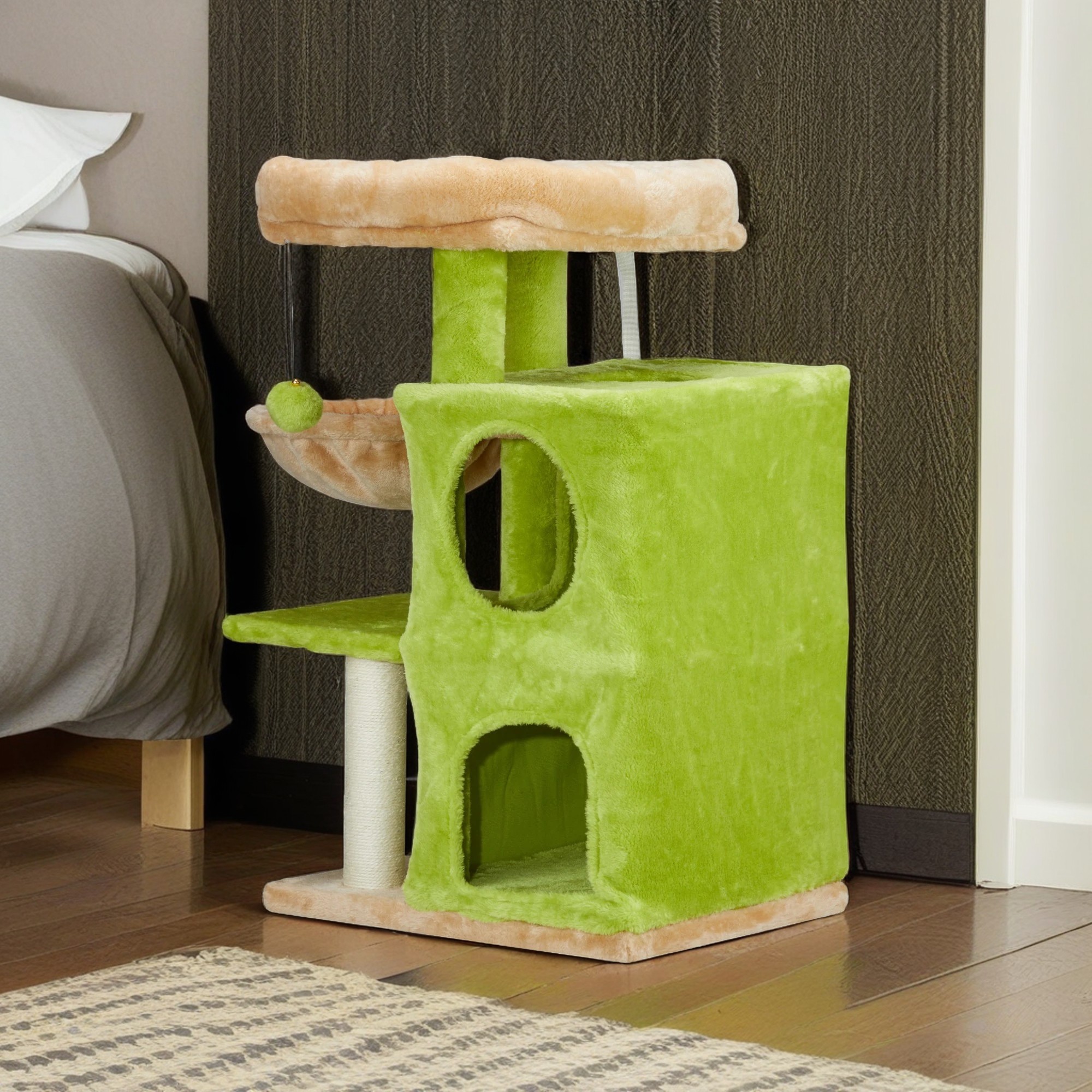resenkos 33" Cat Tree Tower with Dual Condos for Indoor Cats, Plush Cat House with Padded Perch, Scratching Posts and Hammock, Green