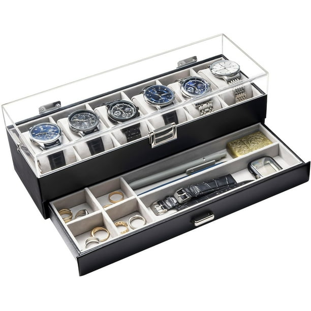 Estuche Organizador para Relojes, Joyero Caja Relojera Tapa Acrílico Claro 2 Capas Vitrina Cuero Sintético Cajón Almacenaje para Joyas Reloj Hombre Mujer Regalo Unisexo-6 Ranuras, Negro