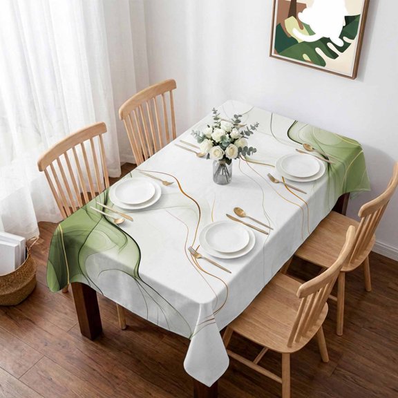 Marble Sage Green Table Cloth Waterproof Tablecloths, Gold White Modern Gradient Ocean Wavy Tablecloth Dining Table Cover for Kitchen Party Tabletop Outdoor, Rectangle Tablecloth 60x84 Inch