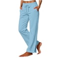thumbnail image 3 of HomeDM Women's Wide Leg Sweatpants with Pockets Side Slit Hem Baggy Lounge Pants Light Blue Drawstring Waist Travel Joggers Size S, 3 of 6