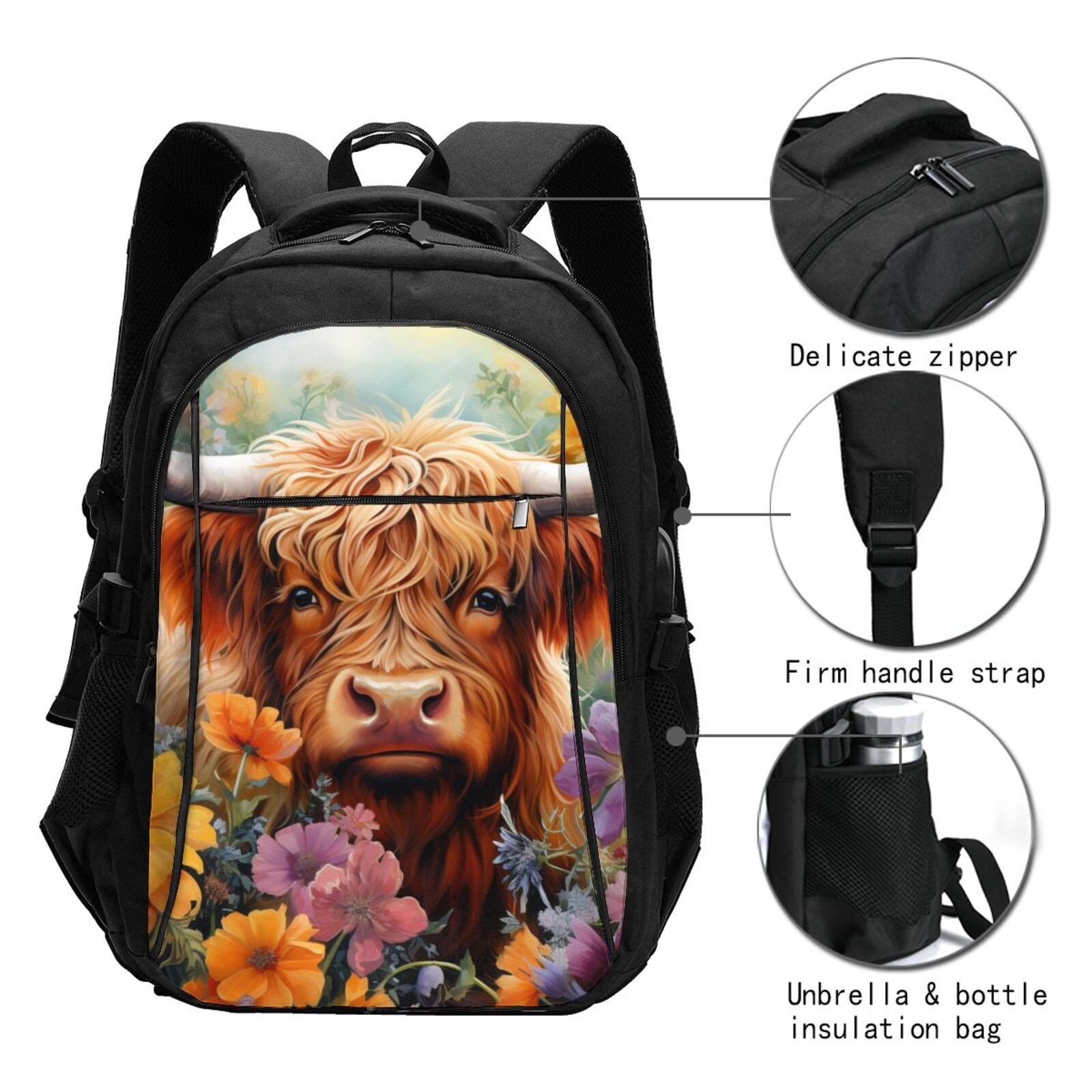 Ratiio Countryside Colorful Floral Cow Print Travel Laptop Backpack,Slim Sturdy Laptops Backpack with USB Charging Port, Water Resistant College School Computer Bag