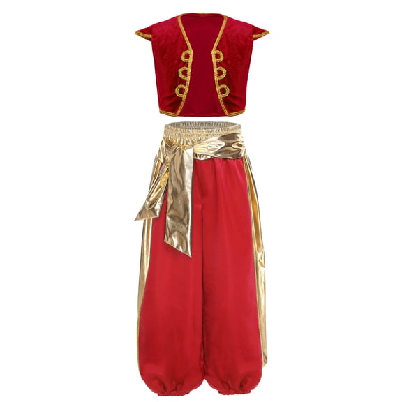 Eandarui Boys Kids 2Pcs Fairytale Arabian Prince Outfits Braided Trimming Vest and Bloomers Harem Pants Set Red 6