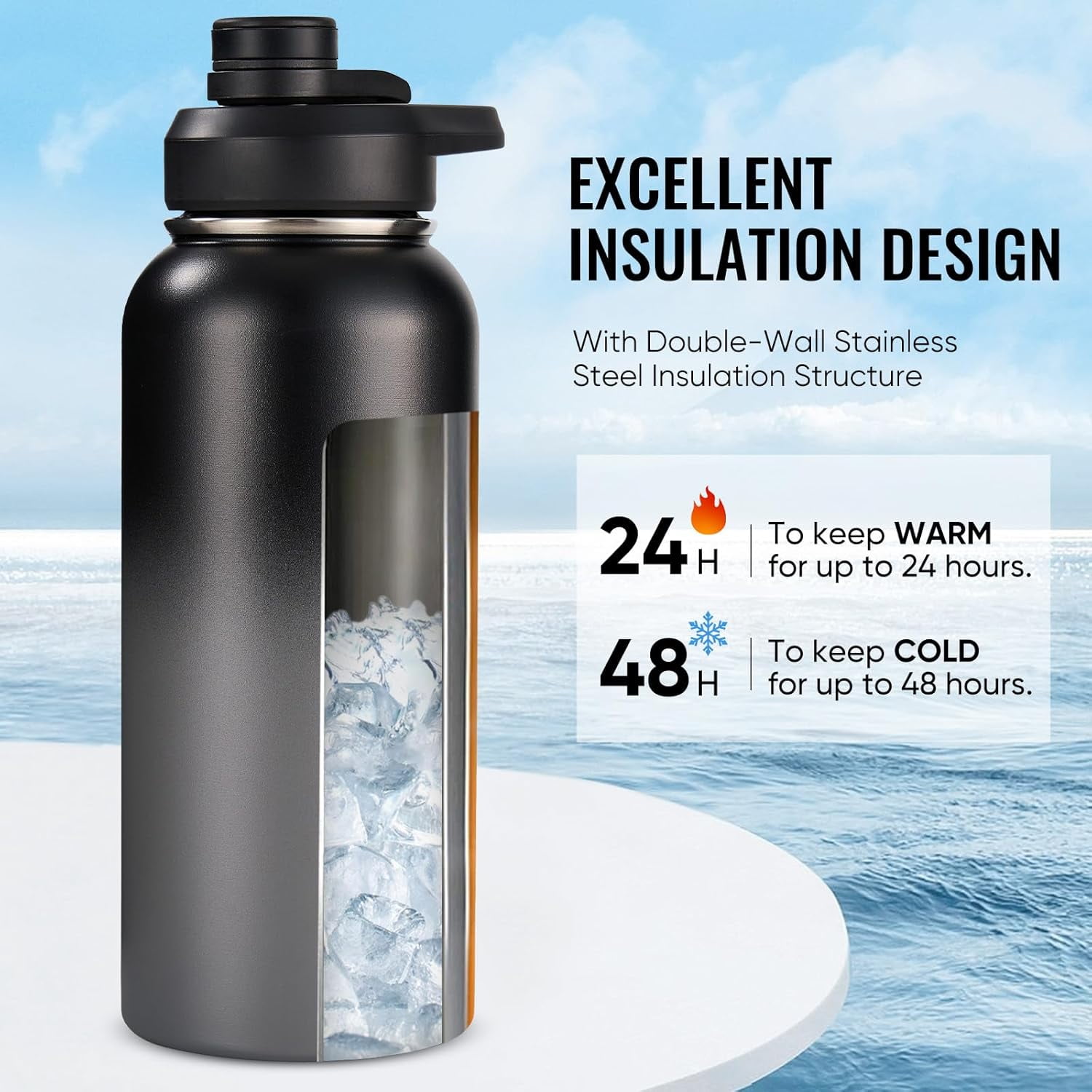 EP 32 oz Insulated Water Bottle with Handle, 304 Stainless Steel Water Bottles with Wide Mouth, Double Wall Vacuum Sports Water Bottle, BPA Free, Keep Cold and Hot, Black/Gray