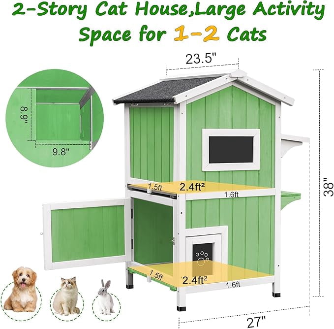 Gowoodhut Outdoor  House for Cats,Outside Feral Cats Shelter,Indoor Cat House,2 Story Wooden Kitten Cage with Weatherproof & Openable Roof, Escape Door,Removable Floors